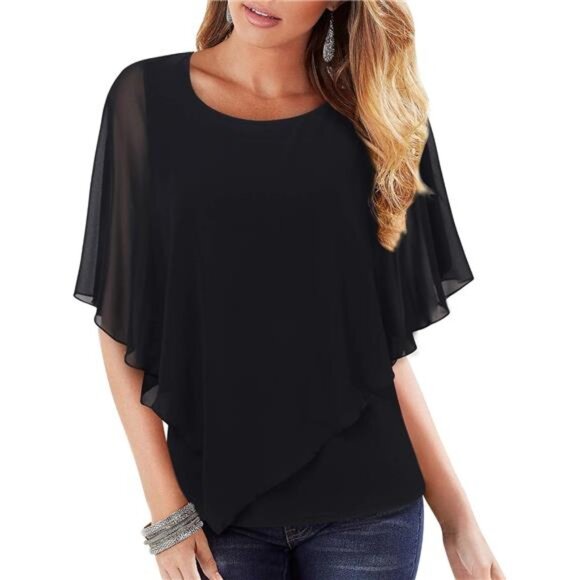 Women's Lightweight Flowy Shirt Double-Layered Printed Chiffon Poncho Blouse Top - Picture 1 of 7